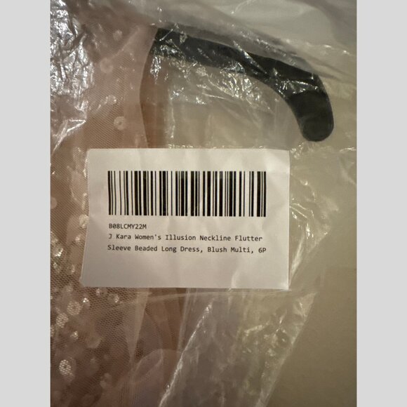 NWT - JKara Illusion Neckline Flutter Sleeve Beaded Long Dress Formal - Blush P6 - Picture 4 of 8